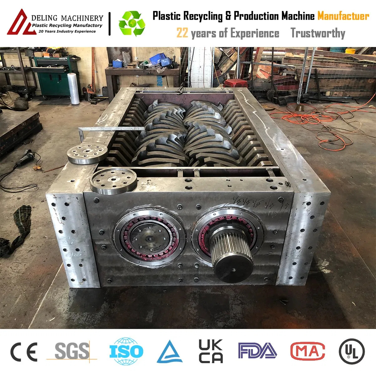 High Performance Deling Plastic Double Shaft Shredder Machine for Shredding Recycling PP Chemical Barrel Tray ABS PC Pet Plate POM Rubber EVA Block Tire Paper