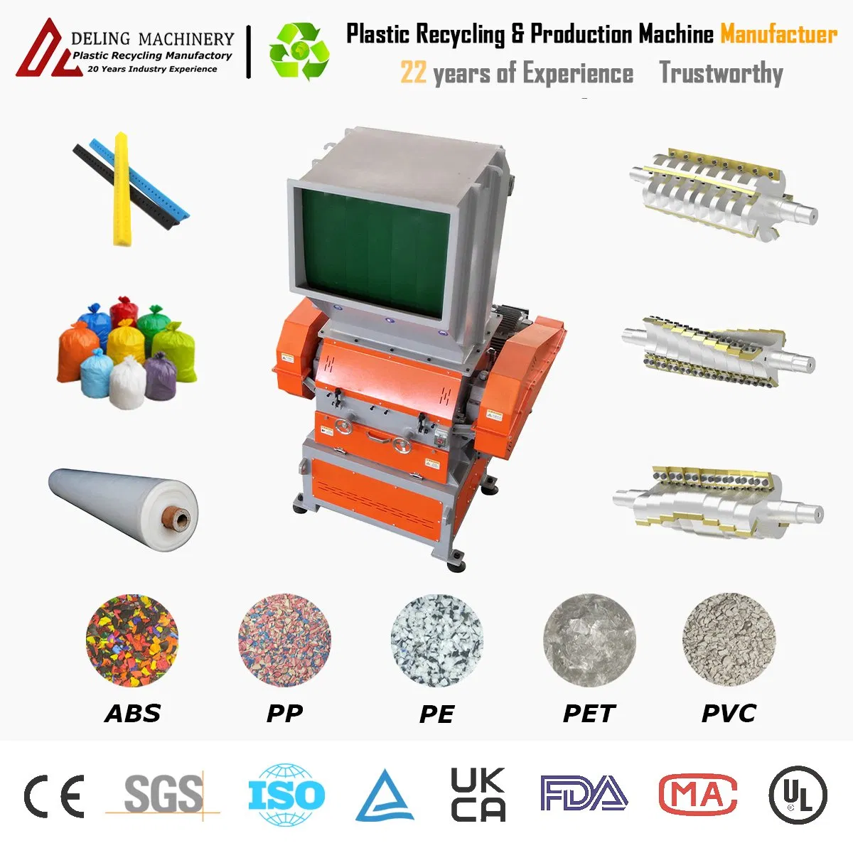 Powerful Vertical Plastic Crusher for PVC Pipe PP HDPE LDPE PE Pet Bottle Crushing Shredding Shredder Machine with Production Capacity 100-2000kg/H