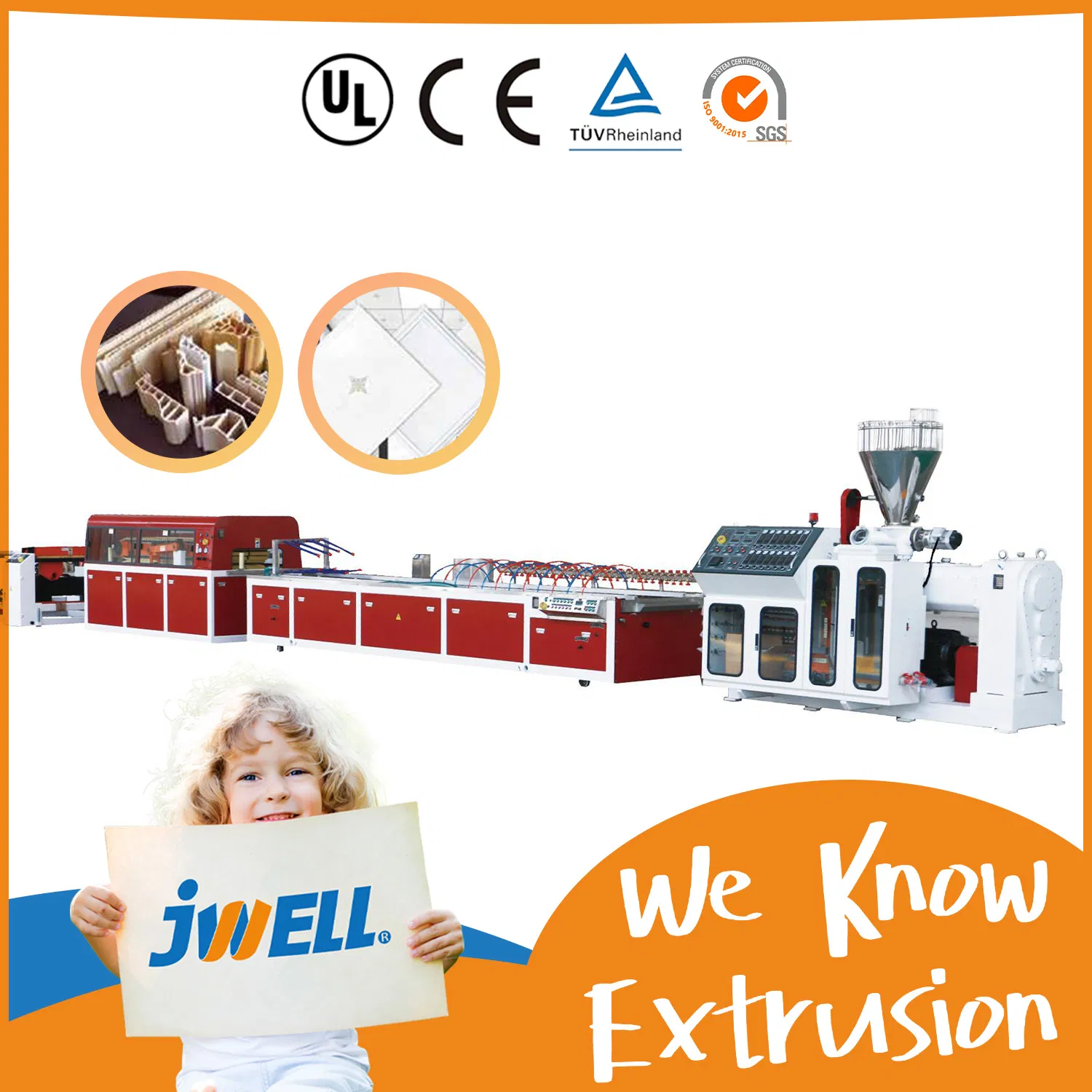 Jwell WPC/PVC/PE/PP/PC/PS Window/Fence/Pedal/Decking/Pipe/Board/Floor/Roof/Edgeband/Trunk/Frame/Wall Panel/Door/Ceiling/Gasket Profile Plastic Extrusion Machine