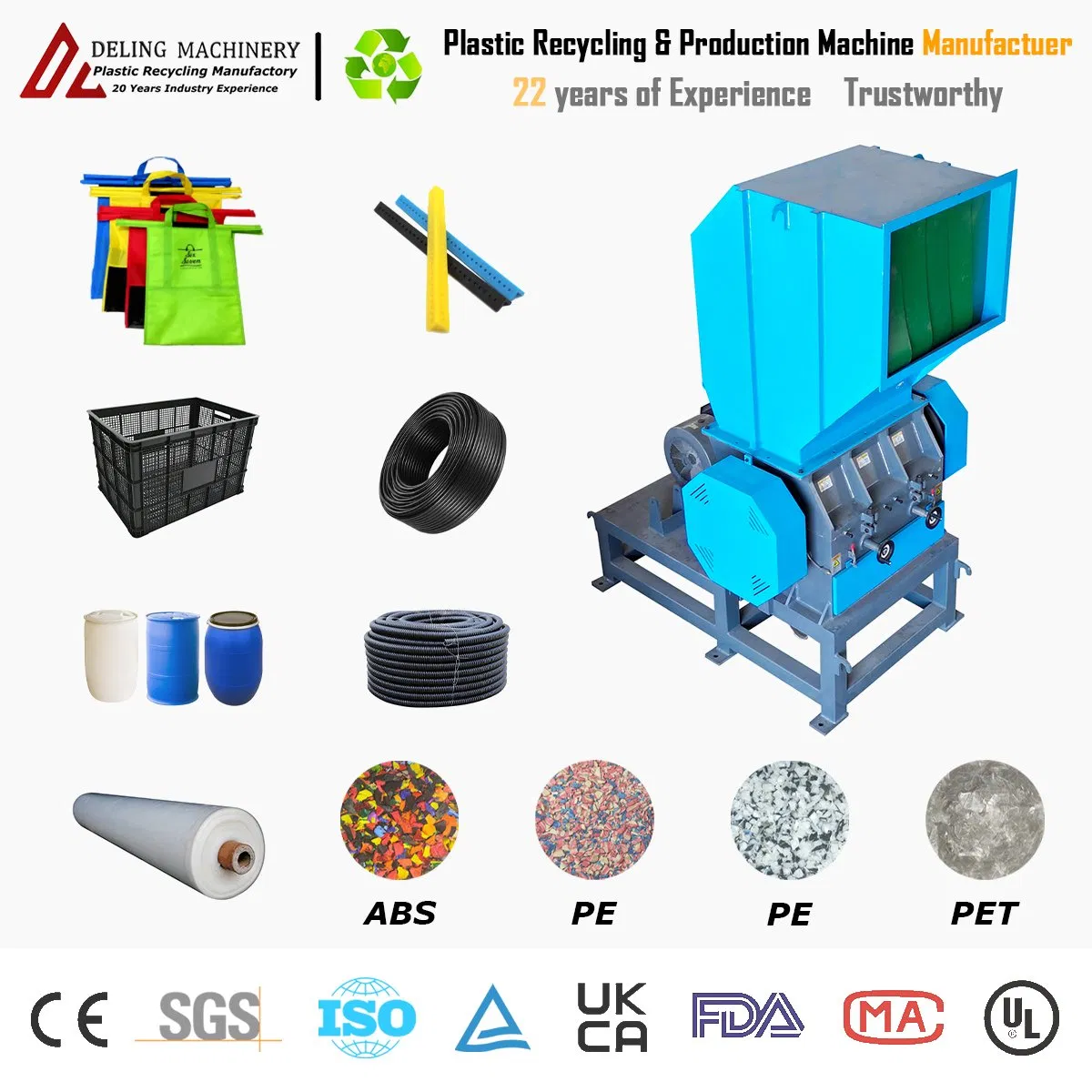 Powerful Vertical Plastic Crusher for PVC Pipe PP HDPE LDPE PE Pet Bottle Crushing Shredding Shredder Machine with Production Capacity 100-2000kg/H