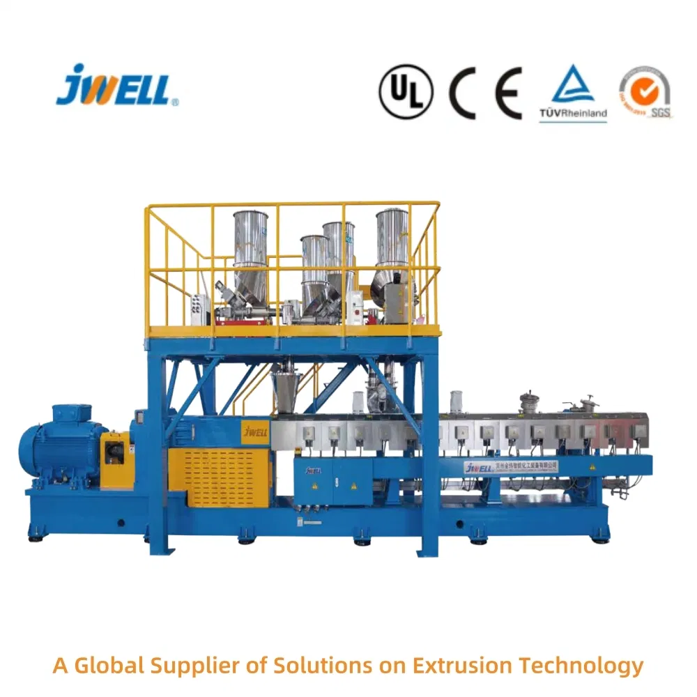 75 95 High Torque Twin Double Screw Plastic PE PP CaCO3 Talc Filler Masterbatch Extruder Line for PS/EVA/PC/ABS/PA6/PA66/TPE/TPU/FEP/LCP Compounding Machine