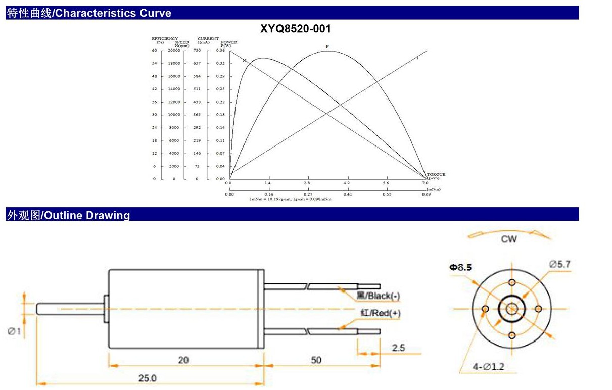 Coreless motor dimensions and engineering draft