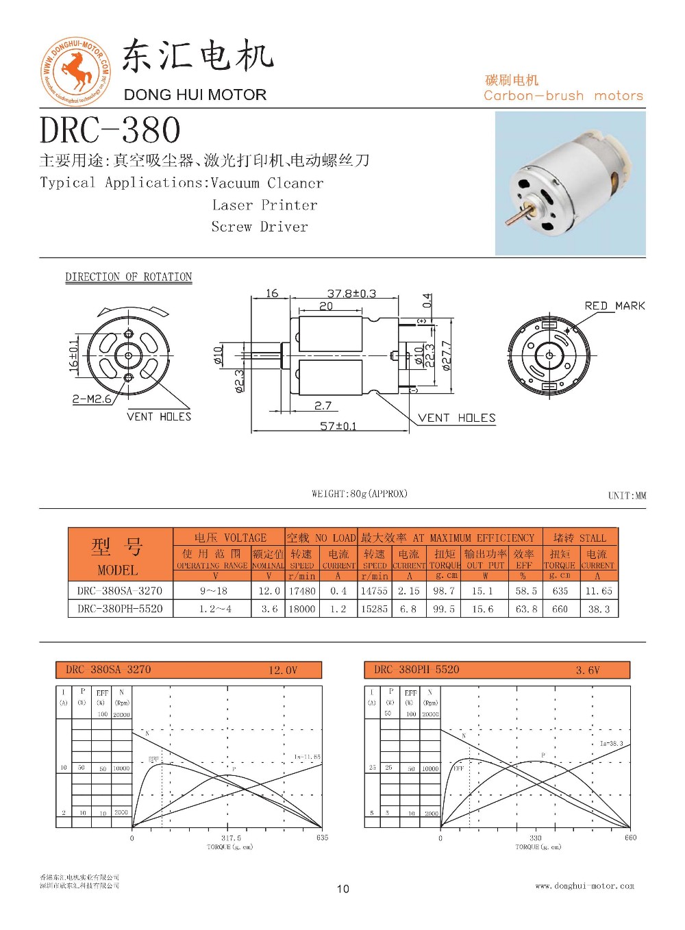 12 volt dc motor for dryers hair rs-380sh spec sheet
