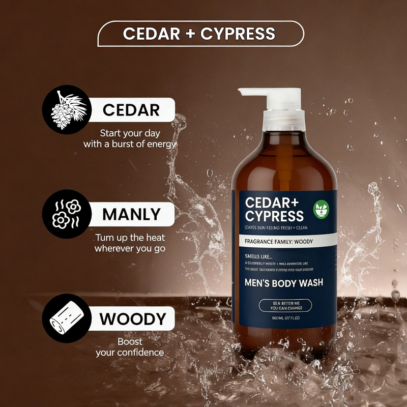 Organic Plant Based Alcohol Free Nourishing Soothing Refreshing Shower Experience Manly Scent Woody Cedar Cypress Men Body Wash