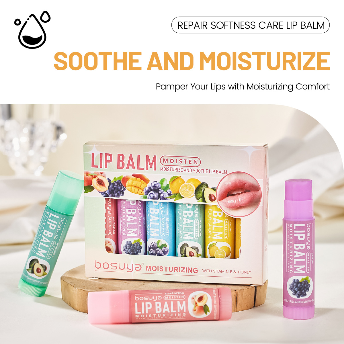 6-Pack Herbal Lip Care Lip Balm Set Fruit-Flavored Moisturizing Lip Balm