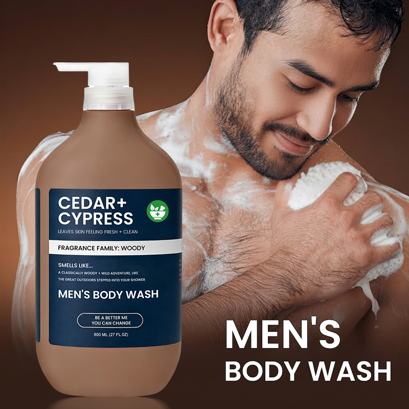 Organic Plant Based Alcohol Free Nourishing Soothing Refreshing Shower Experience Manly Scent Woody Cedar Cypress Men Body Wash