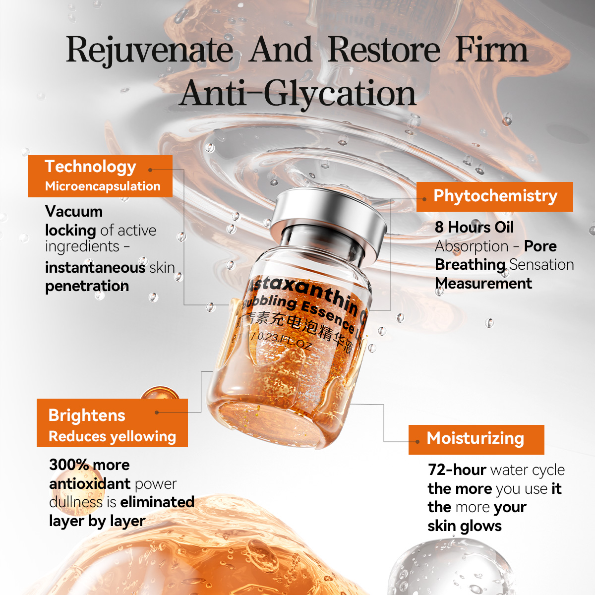 Customized OEM Organic Skin Care Essence Astaxanthin Ampoule Anti-oxidation Late Night Darkening Brightening Firming Serum