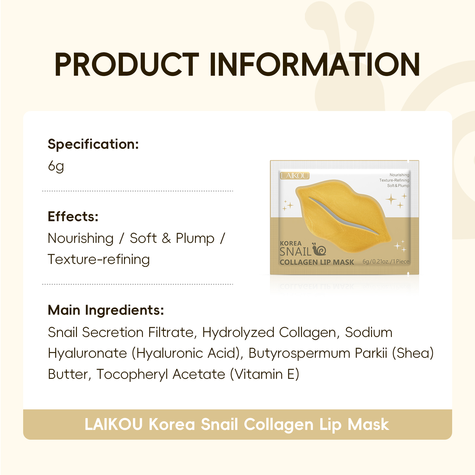 Laikou Snail Collagen Essence Lipmask Moisturizing Radiant Firming Whitening Skin Tender Lipmask