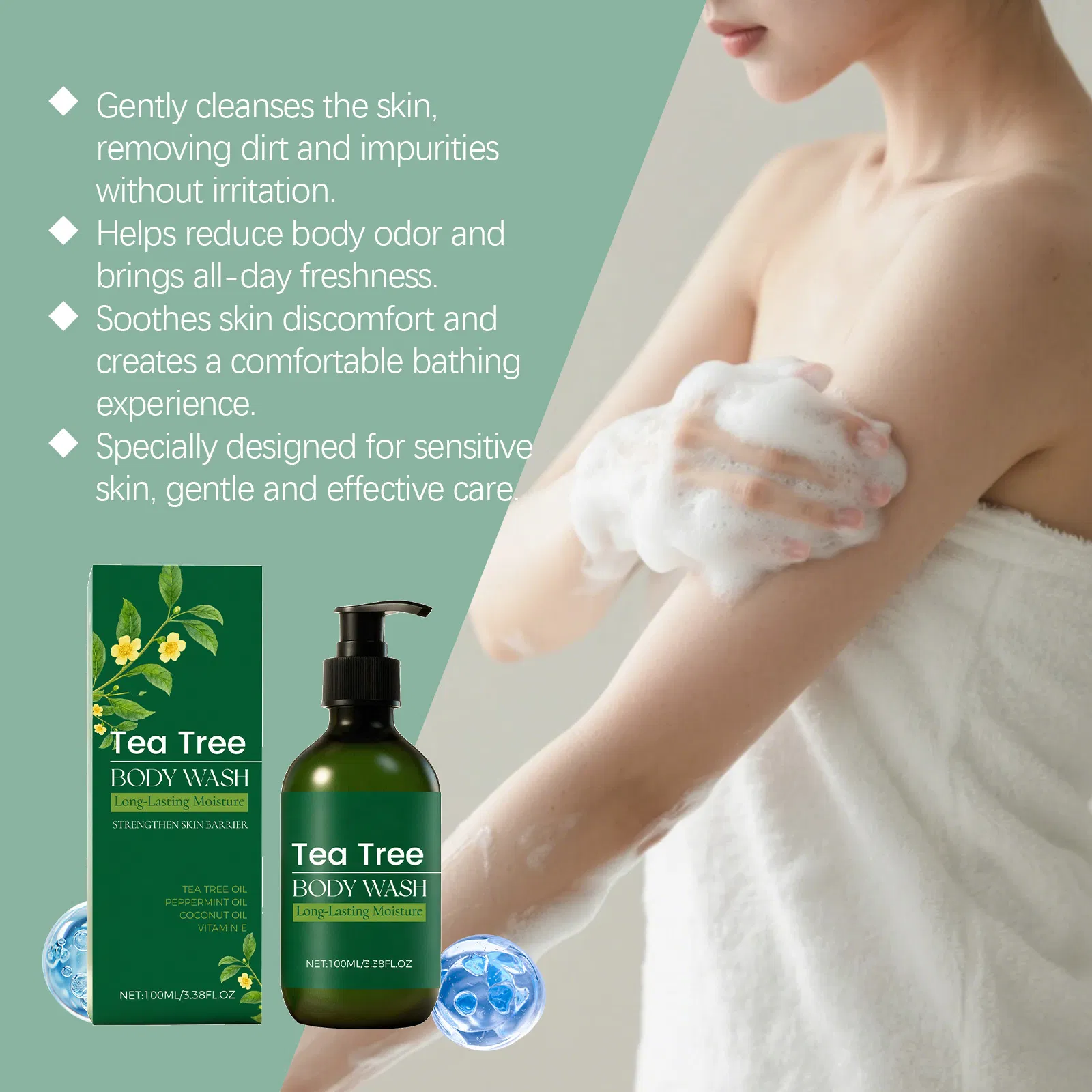Tea Tree Herbal Gentle Cleansing Shower Gel Oil Control Refreshing Fragrance Body Wash for Oily Skin