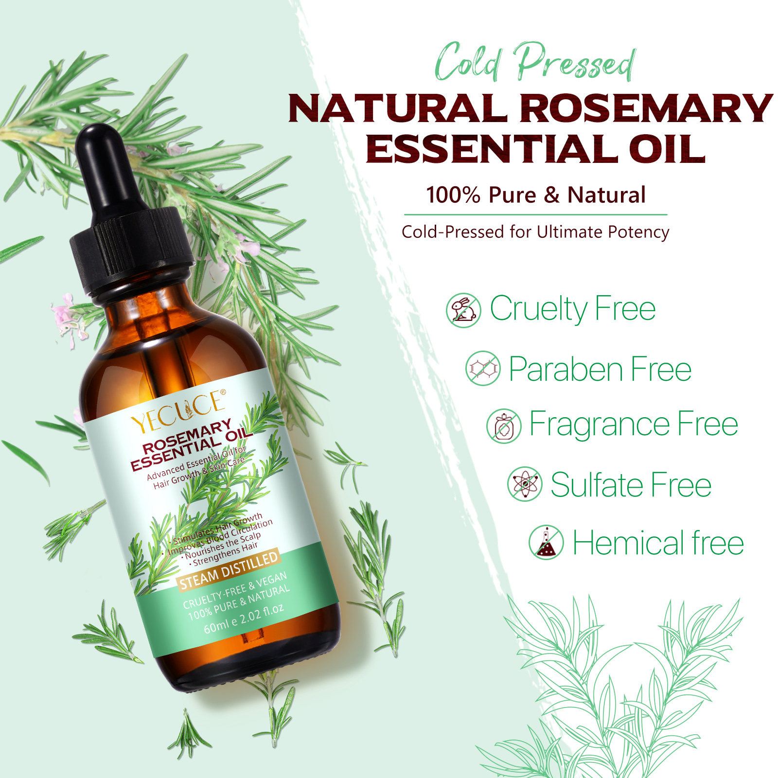 Yecuce Essential Oils Dry Scalp Treatment Aceite Para El Cabello Hair Care Thickening Products Rosemary Oil for Women