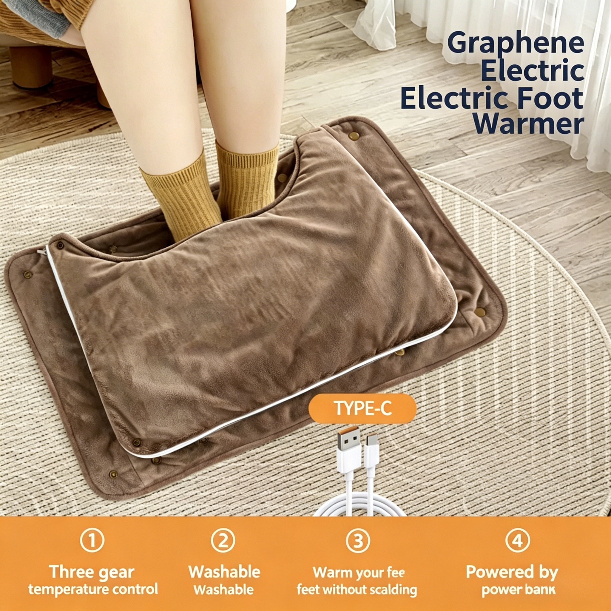Portable Graphene Heated Foot Warmer &amp; Blanket, USB Type-C 3 Temp Settings, Washable For Office Car Outdoor Use
