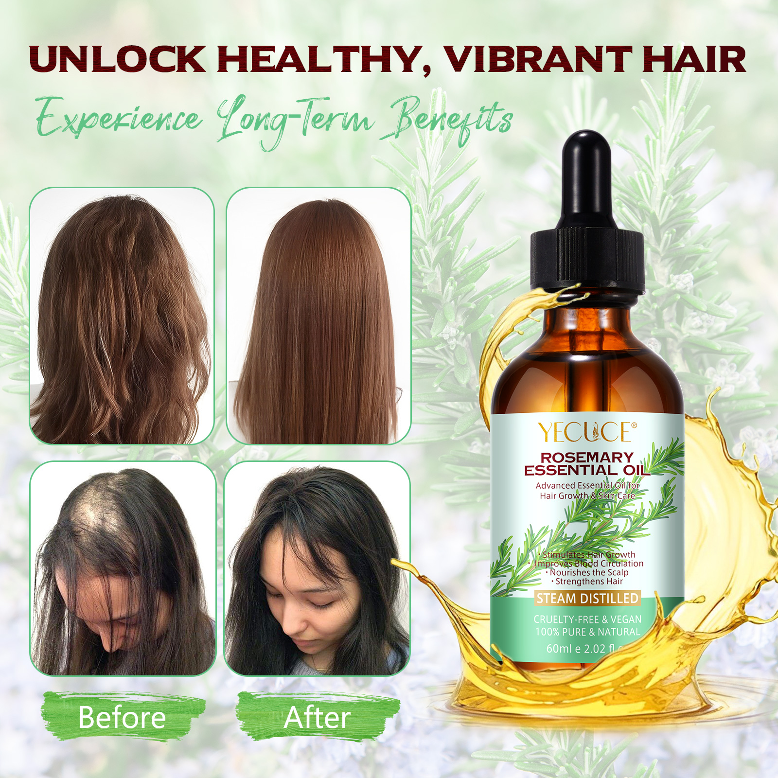 Yecuce Essential Oils Dry Scalp Treatment Aceite Para El Cabello Hair Care Thickening Products Rosemary Oil for Women