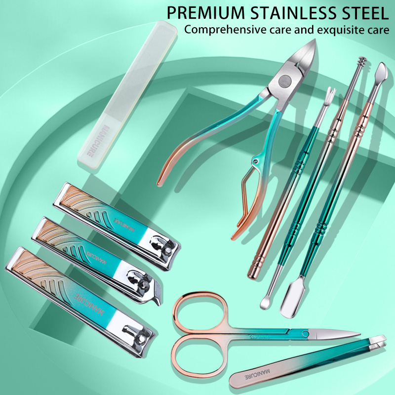 10pcs Emerald Green Professional Stainless Steel Ear Care Tool Nail Files Luxury Portable Manicure Hand General Kit Beauty Set
