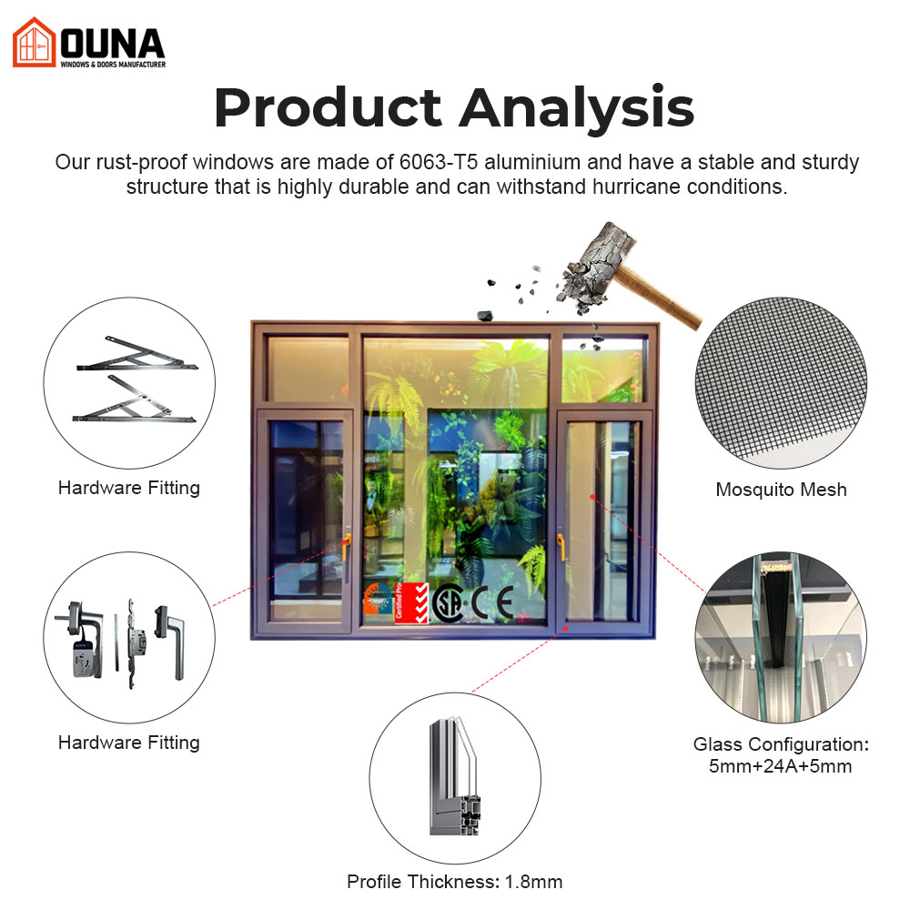 OUNA Aluminum Frame Hurricane Impact Proof NOA NFRC Certified Thermal Break Double Glazed Low-E Tempered Glass Casement Window