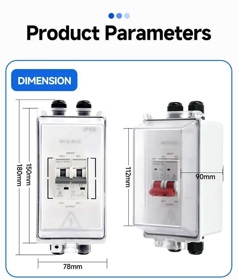 2p DC500V 1000V 6A-63A MCB PV Combiner Box - Ht-2 2 Way 1 in 1 out, Waterproof Distribution Box IP65 for Solar Panel System (Circuit Breaker Included)