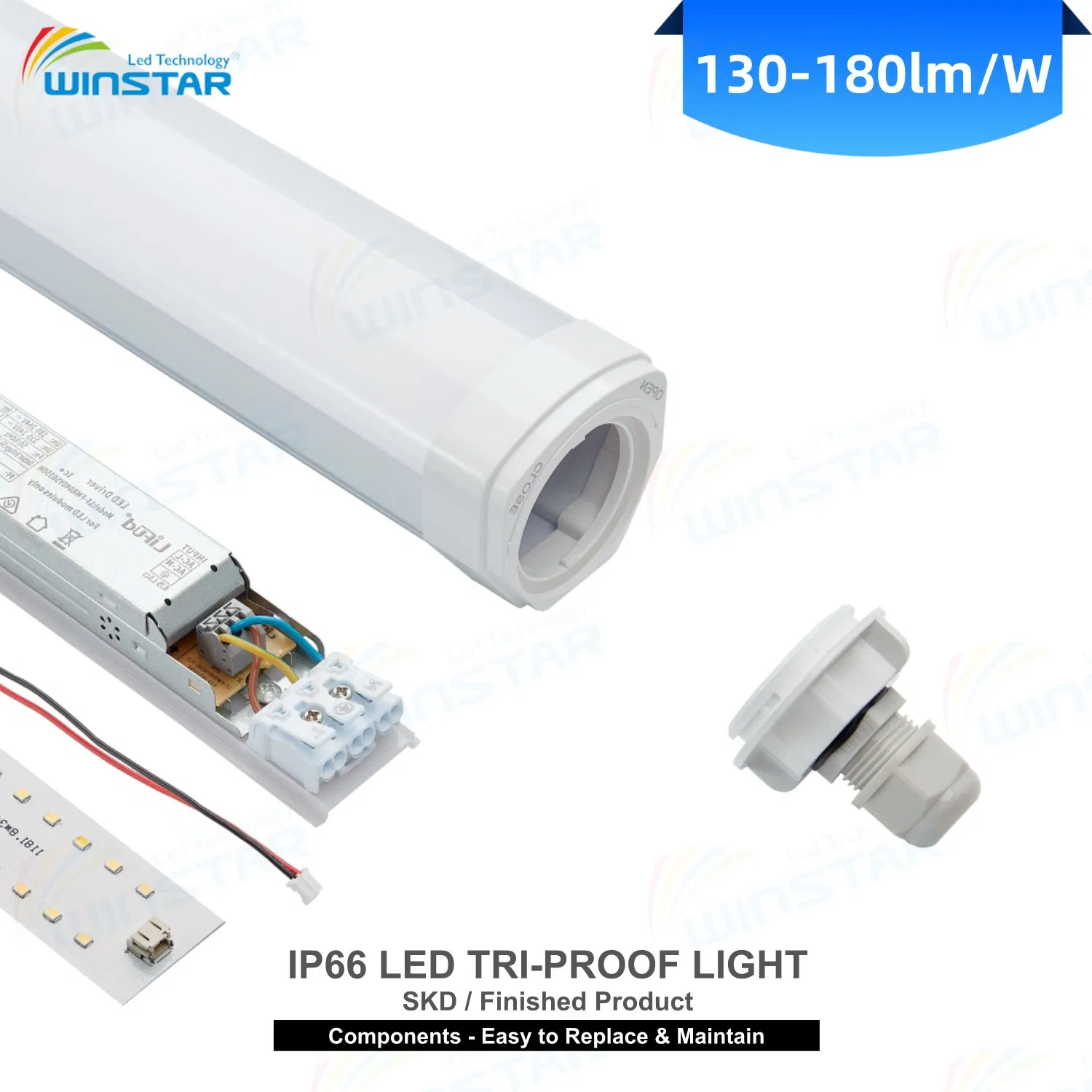IP66 LED Tri-Proof Light Batten 150lm/W Optional 60/120/150cm LED Linear Light for Warehouse Aisle Factory Lighting SKD &amp; Finished