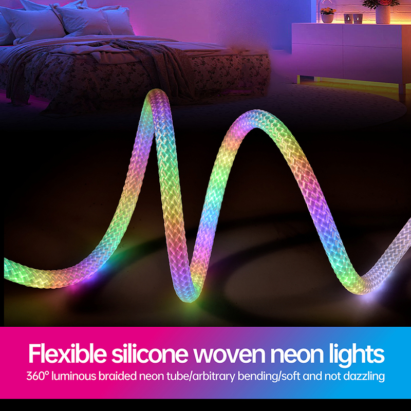 360° Luminous Tube RGB LED Ws2812 Silicone Woven Neon Strip Light for TV Backlight Music Sync Home Decor