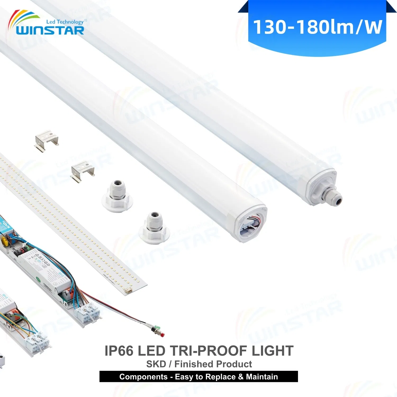 IP66 LED Tri-Proof Light Batten 150lm/W Optional 60/120/150cm LED Linear Light for Warehouse Aisle Factory Lighting SKD &amp; Finished