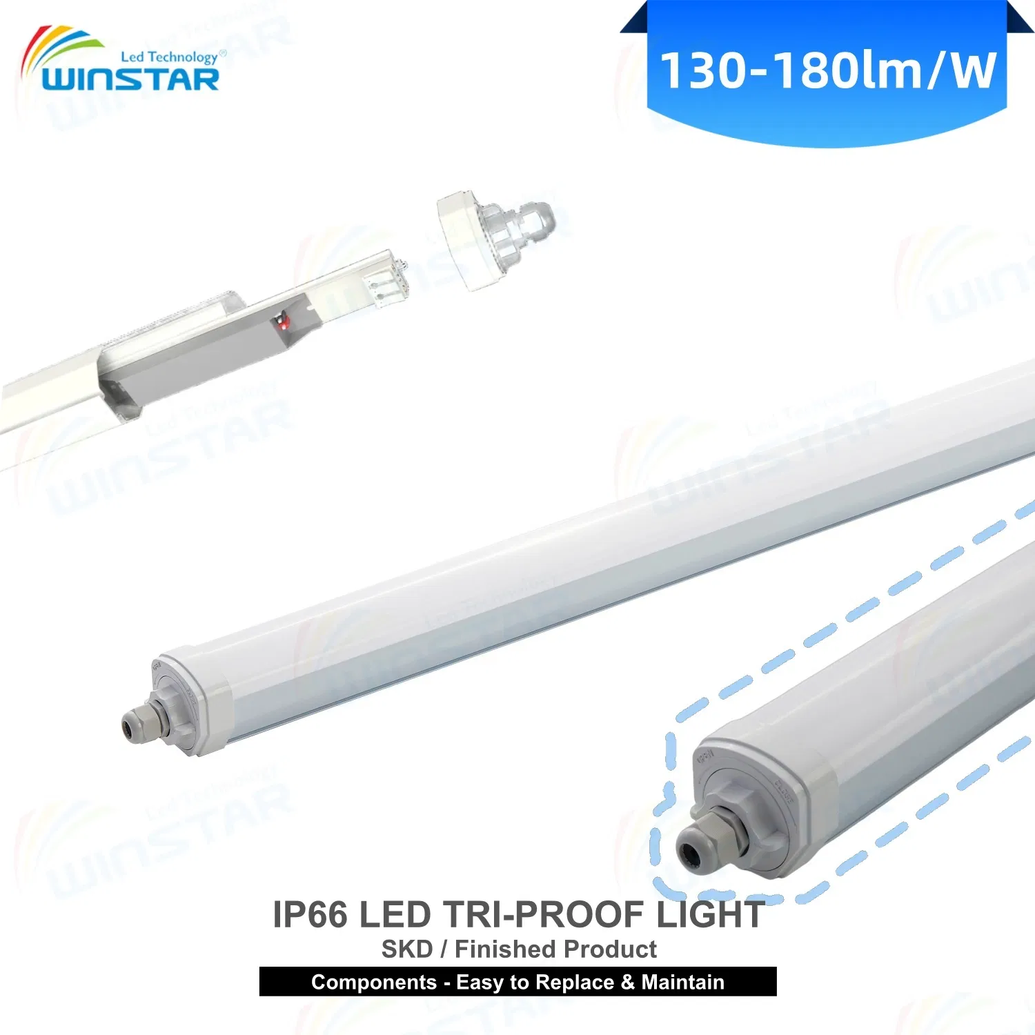 IP66 LED Tri-Proof Light Batten 60/120/150cm Custom Size LED Linear Light for OEM ODM Project Engineering Lighting CE RoHS 5-Year Warranty