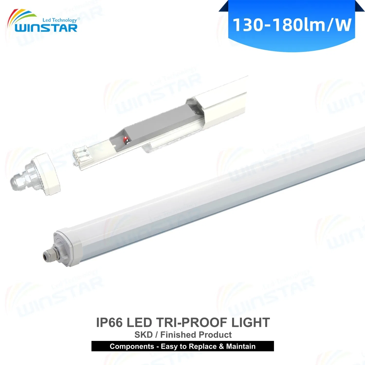 IP66 LED Tri-Proof Light Batten 150lm/W Optional 60/120/150cm LED Linear Light for Warehouse Aisle Factory Lighting SKD &amp; Finished