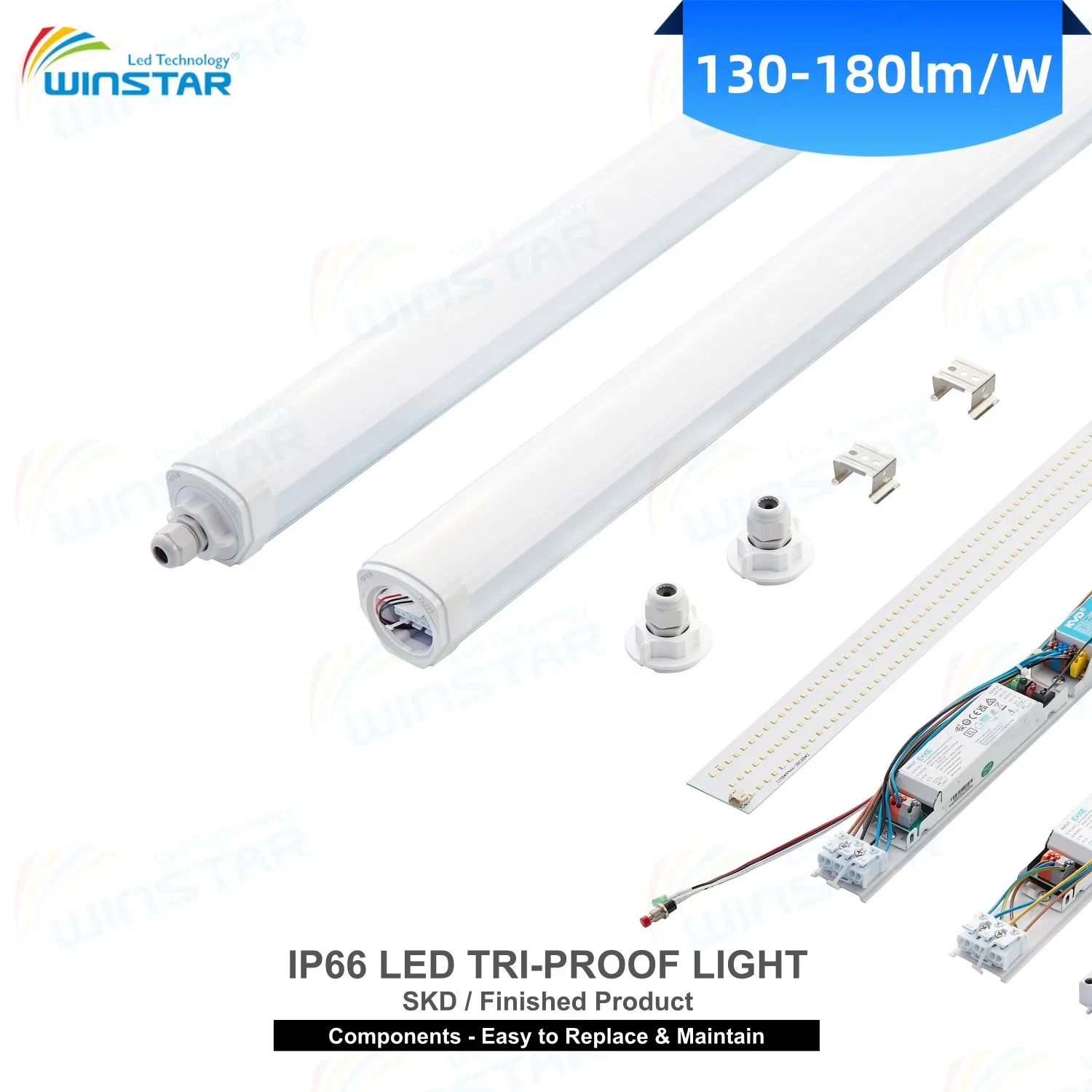 IP66 LED Tri-Proof Light Batten 60/120/150cm Custom Size LED Linear Light for OEM ODM Project Engineering Lighting CE RoHS 5-Year Warranty