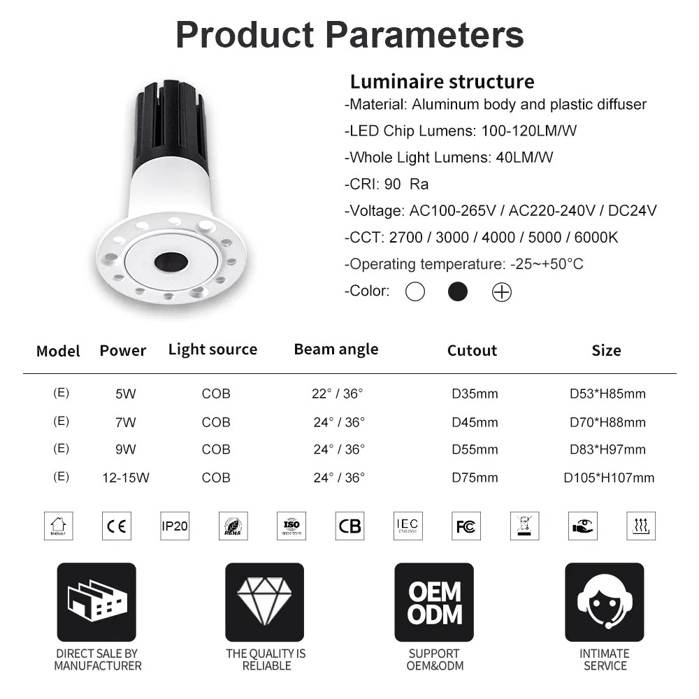 Trimless Ceiling Spotlight Aluminum Anti-Glare Round LED Down Light