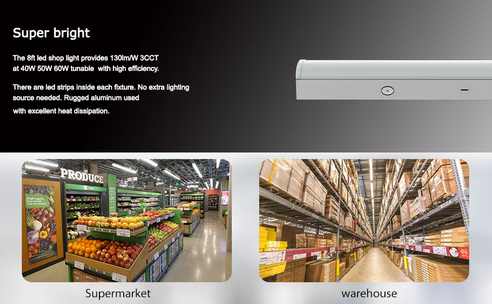 UL Dlc 8 Foot LED Strip Lights 60W-70W-80W-90W-100W Power Selectable LED Linear Lights 150 Lm/W CCT Selectable 3000K/3500K/4000K/5000K/6500K - 0-10V Dimmable