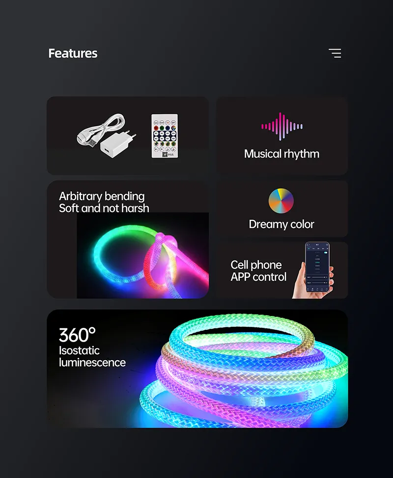 360° Luminous Tube RGB LED Ws2812 Silicone Woven Neon Strip Light Music Sync Details