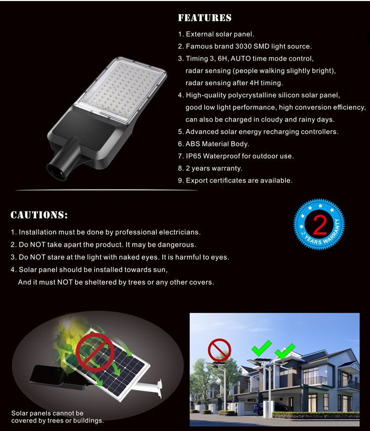Solar Lamp Commercial LiFePO Lithium Battery IP65 Waterproof Outdoor Die-casting Aluminum Split Separated Led Solar Street Light