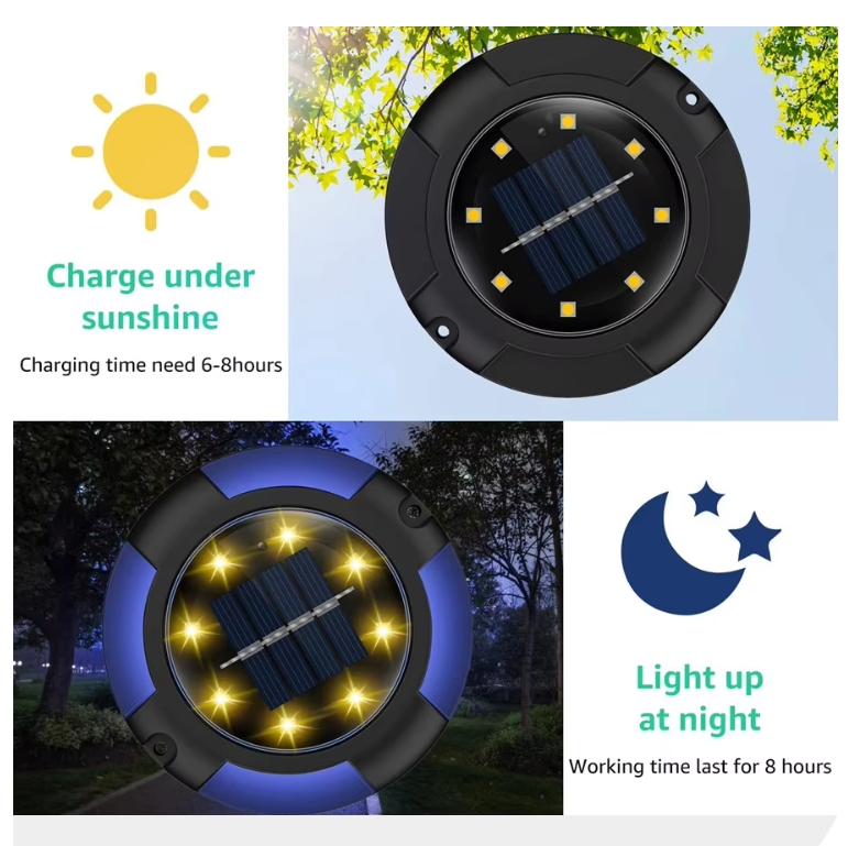 8 Pack Outdoor Waterproof 12 LED Disk Ground Solar Deck Lights Outdoor Garden Light