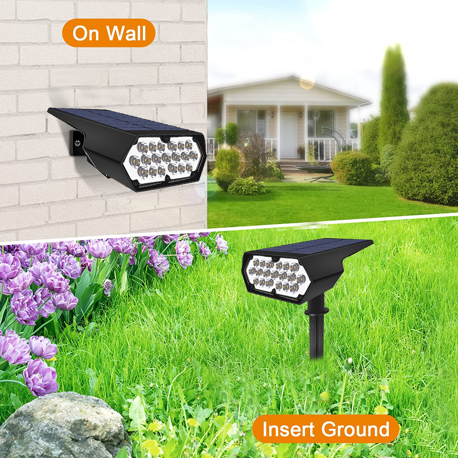 19 LED Solar Outdoor Spot Light IP65 Waterproof Warm White Landscape for Yard Pathway Porch Patio 2 Modes DC ROHS Certified