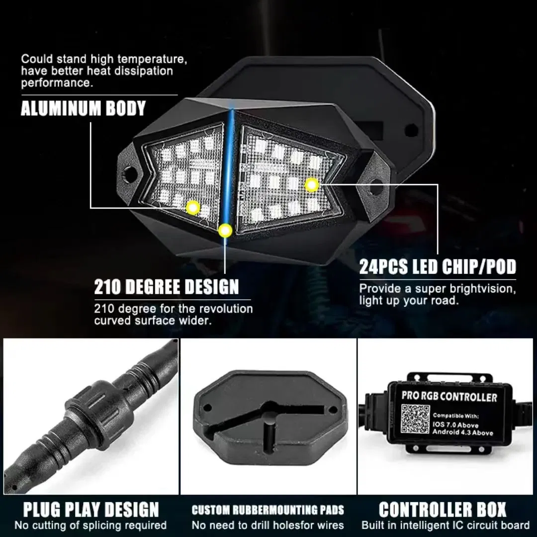High Quality APP Remote Control Waterproof Exterior Underglow Kits RGB Multi Chasing Color Pods LED Rock