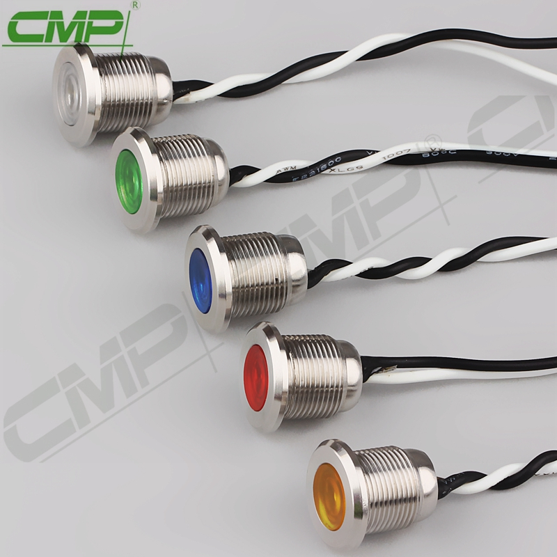 Black Signal Lamp 12mm Dia. Metal Indicator Light with Wire