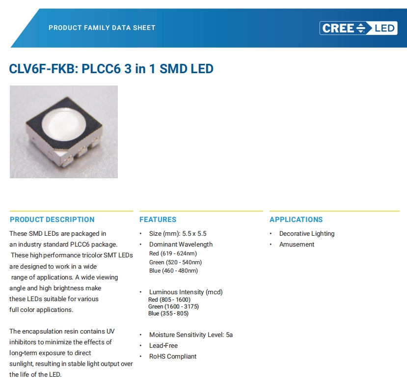 Crees Clv6f-Fkb-Cqr1xy1h1bb7d3d3 Multi-Color RGB LED SMD Plcc-6