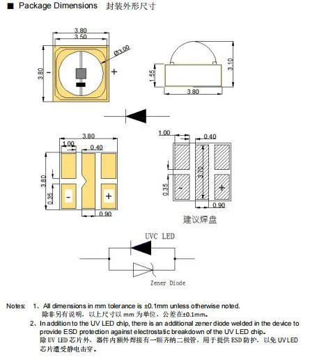 UV LED Dimensions