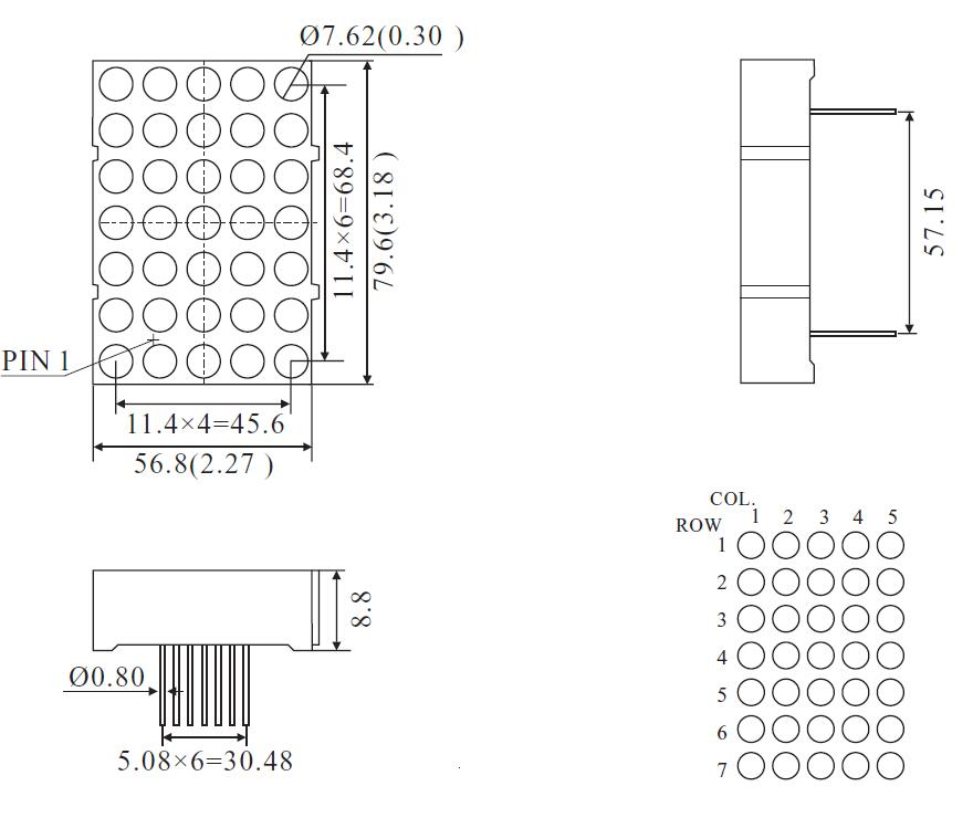 3 Inch 5X7 DOT Matrix LED Display with Pitch 11.4mm RoHS Compliant