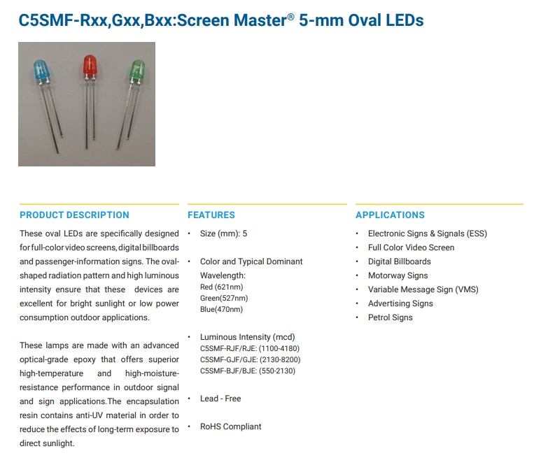 Crees C5SMF Red 621nm LED 2.1V 5-mm Oval LEDs Standard LED Through Hole