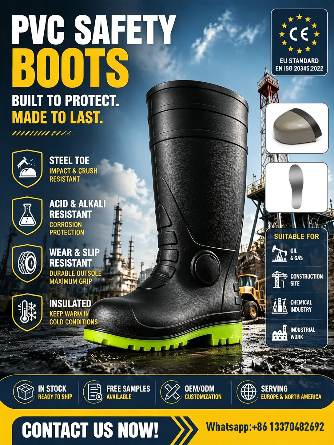 Steel toe PVC safety rain boots for coal mine and oilfield