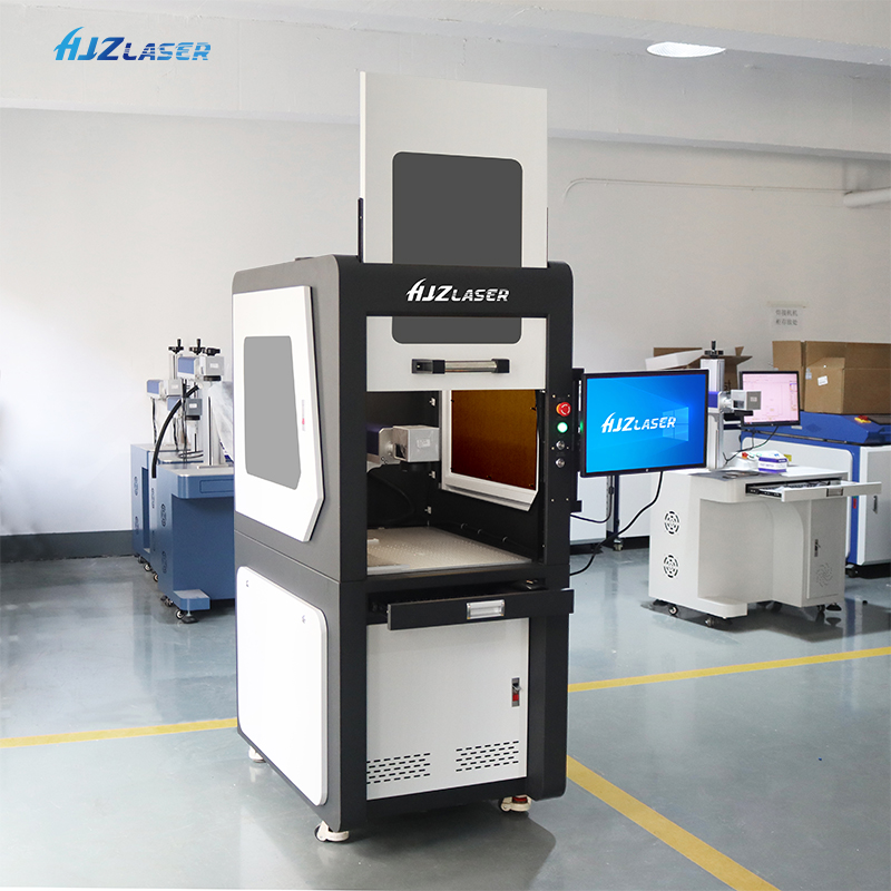 HJZ Customized 20W 30W 50W 100W Lazer Printer With Electric Lift Door Enclosed Fiber Laser Marking Machine