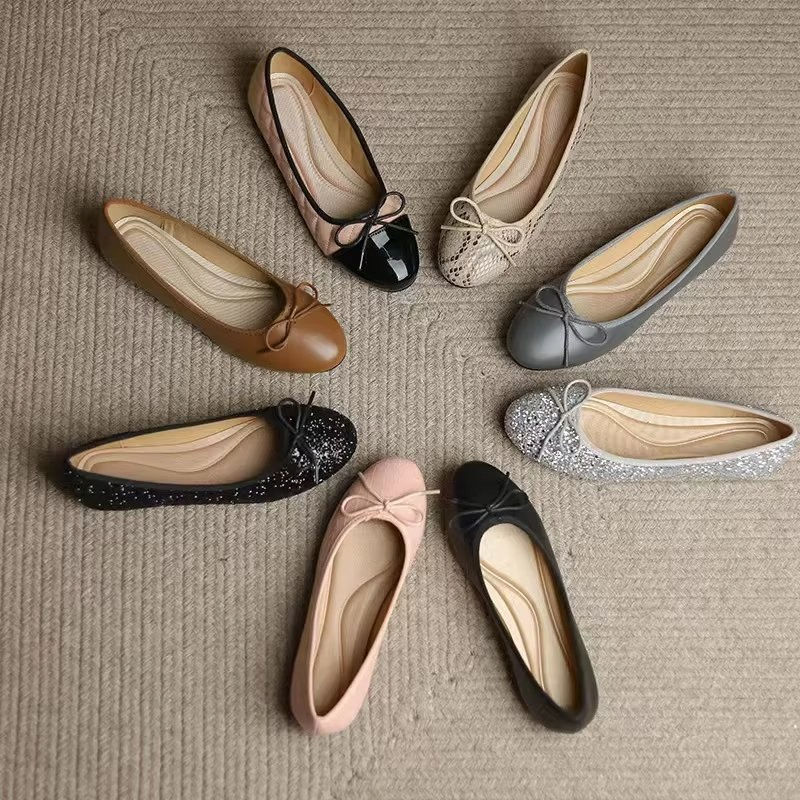 Zapatos planos de moda con lazo de lentejuelas baratos al por mayor, estilo de caminar para oficina, elegantes zapatos de baile casuales para mujeres y damas