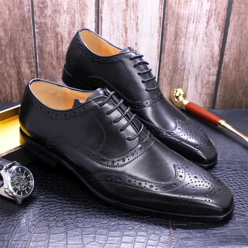 Zapatos de vestir de cuero para hombres, estilo oxford, con punta alada y brogue