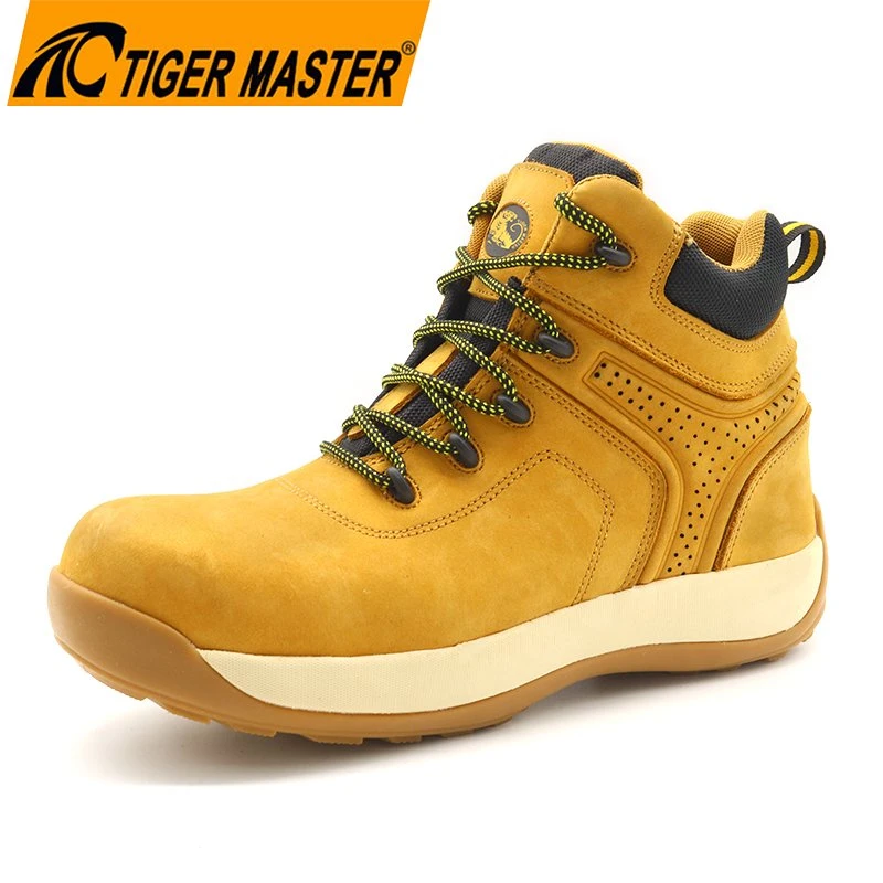 Zapatos de seguridad para hombres de cuero nubuck, aceite, suela de goma EVA antideslizante, punta de fibra de vidrio a prueba de aplastamiento, a prueba de perforaciones, impermeables, para senderismo