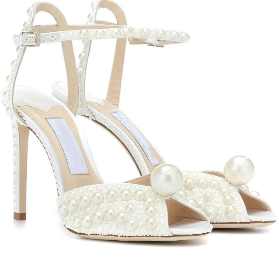 Zapatos de vestir perlas blancas tacones de cuero para dama con tacón de aguja y correa en el tobillo