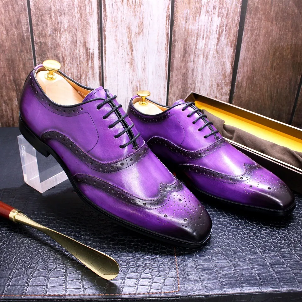 Zapatos de vestir de cuero para hombres, estilo oxford, con punta alada y brogue