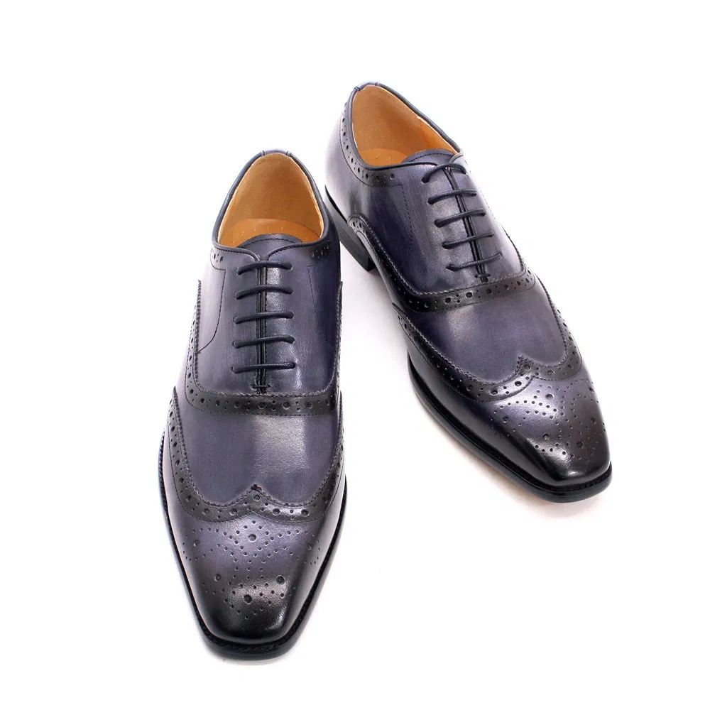 Zapatos de vestir de cuero para hombres, estilo oxford, con punta alada y brogue