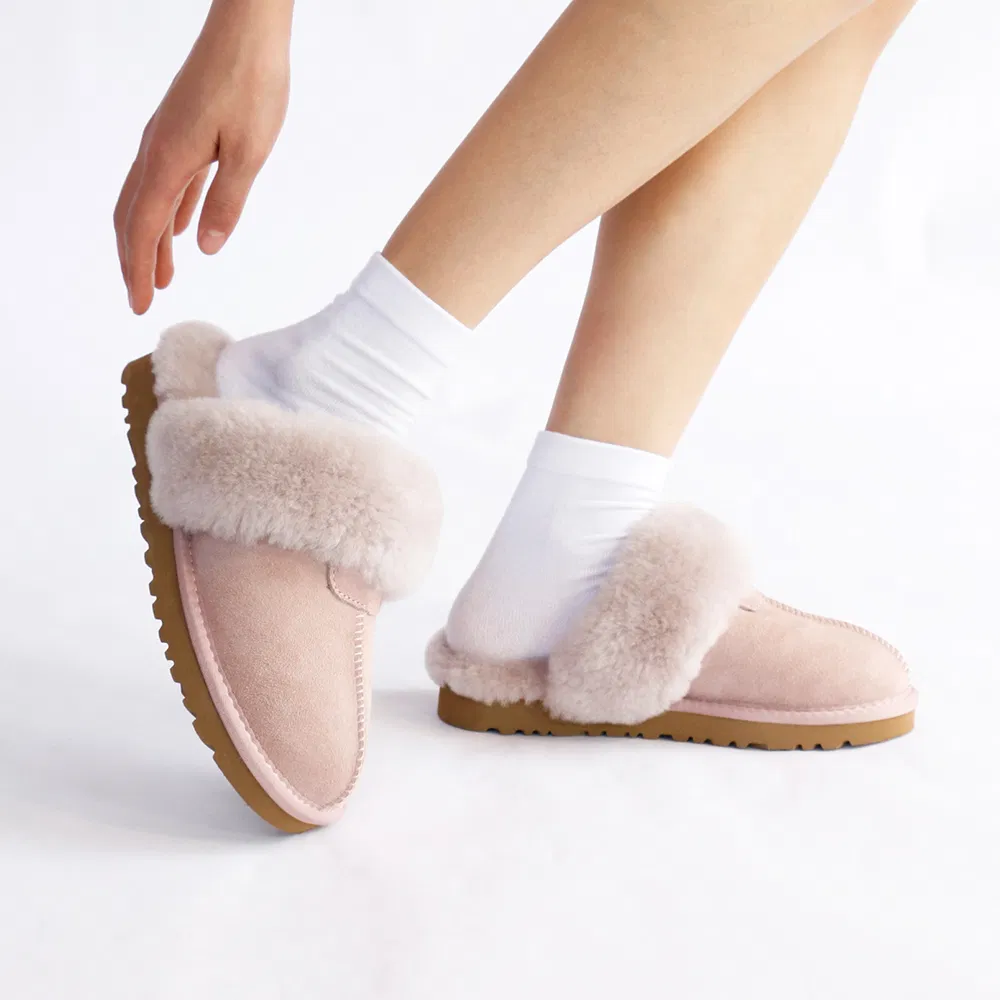 Zapatillas de casa de piel de oveja premium con suela de goma, suaves y flexibles, con cuello de piel