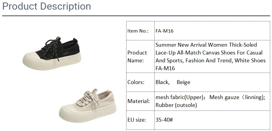 Llegada Nueva de Verano Zapatos de Lona para Mujeres con Suela Gruesa, Cordones, para Uso Casual y Deportivo, Moda y Tendencia, Zapatos Blancos Fa-M16