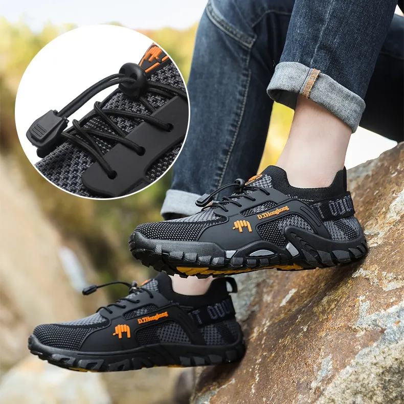 Zapatillas de senderismo transpirables para hombre, de fábrica, al por mayor, sin cordones, de malla, antideslizantes