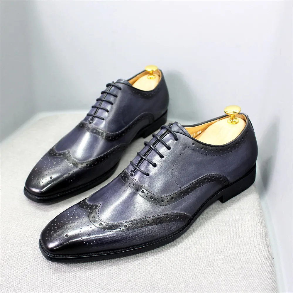 Zapatos de vestir de cuero para hombres, estilo oxford, con punta alada y brogue