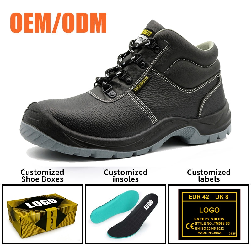 CE S3 Zapatos de seguridad de cuero negro antideslizante, a prueba de perforaciones, con punta de acero y antiestáticos para hombres industriales